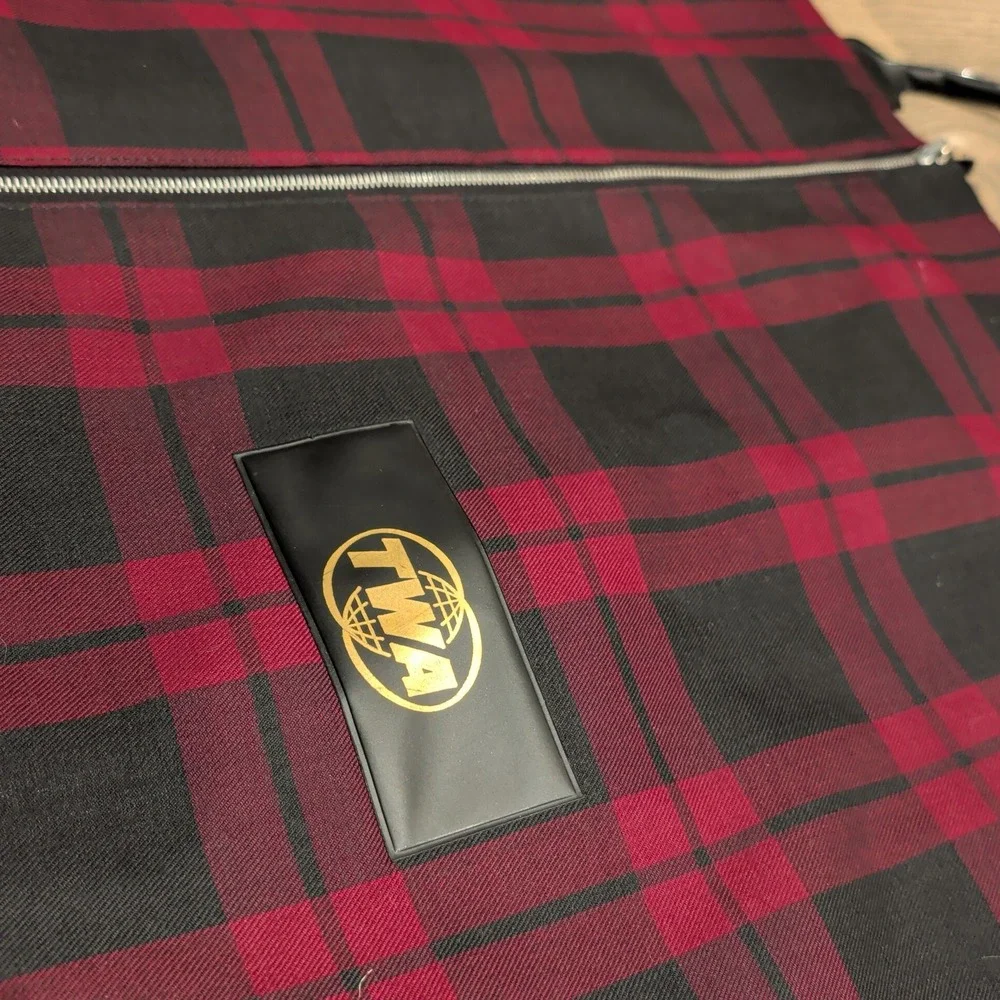 Vintage TWA Airlines Garment Bag Red Black Plaid Suiter Travel Luggage Logo